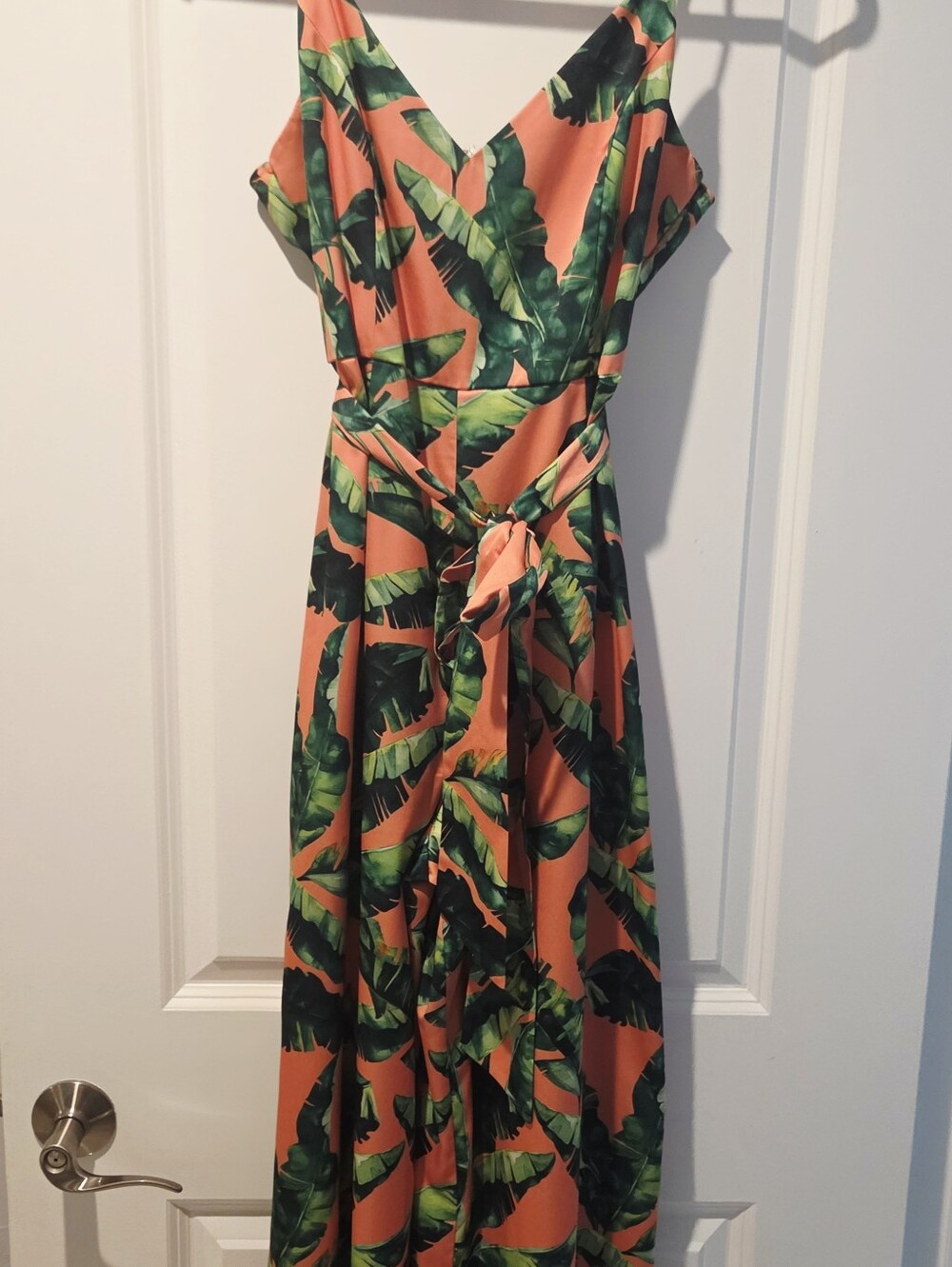 Green Leaf Print Orange Satin Jumpsuit - Women's Summer Wrap Style